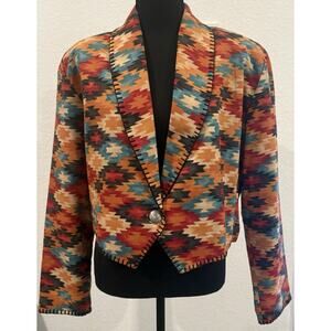 Vtg Rhonda Stark Aztec Cropped Blazer Jacket Southwest Style Concho Button Sz Lg